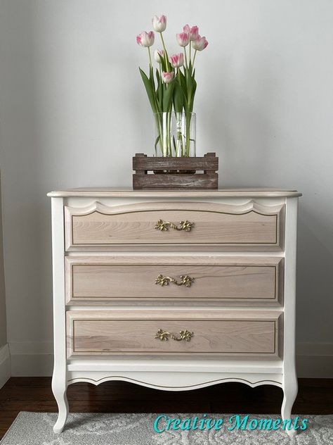 I LOVE French provincial bedroom furniture, the classic feminine style is just so elegant. I like to refinish in the classic traditional white but with this cutie I wanted to keep the fabulous wood grain on the top and drawer fronts and think the final look is perfect. Would you agree?The original post on my tutorial blog linked has more details included stenciled drawer sides and videos too. This is the BEFORE!!! After a good scrubbing I used stripper for the dresser top. The top… French Provincial Chest Of Drawers, French Provincial Bedroom Furniture, Provincial Bedroom, French Provincial Bedroom, Dresser Diy, Classic Feminine Style, French Dresser, Provincial Dresser, Repurposing Ideas