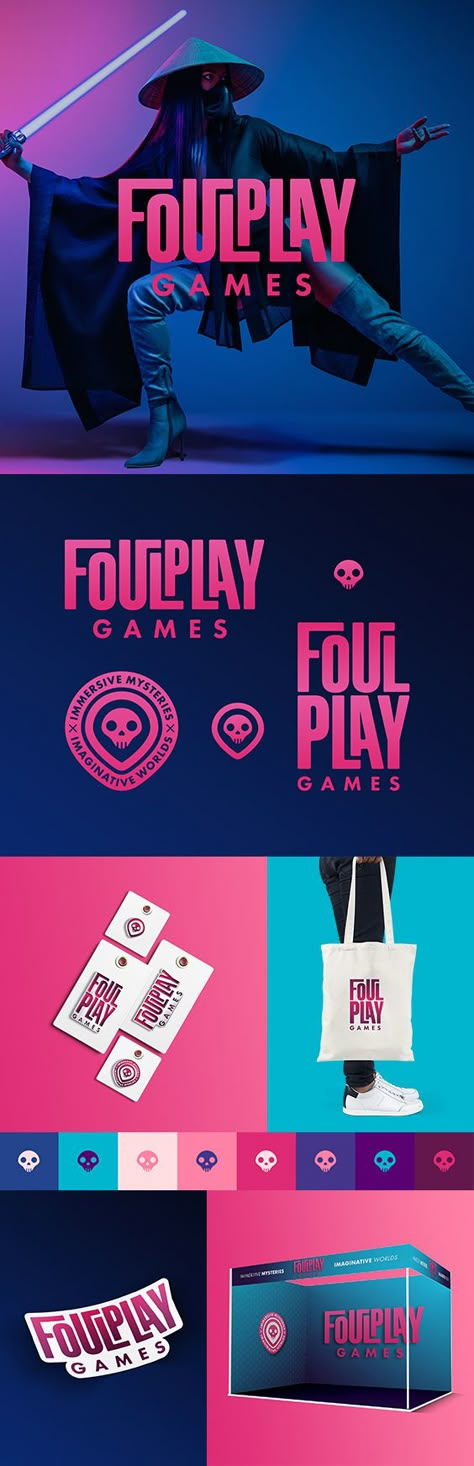 Logo identity design and branding for Foulplay Games, a virtual murder mystery company by Gold Sheep Design Mystery Logo Design, Gaming Logo Design Ideas, Game Branding Design, Gaming Brand Identity, Mysterious Branding, Media Company Branding, Gamer Branding, Game Logo Design Ideas, Games Logo Design