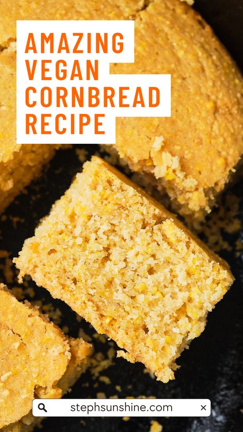 A close up view of vegan cornbread in a skillet, with one piece turned on its side to show its tender texture; text says, "Amazing vegan cornbread recipe." Best Vegan Cornbread, Corn Bread Vegan, Egg Free Cornbread, Vegan Cornbread Recipe, Sourdough Cornbread, Girls Night Dinner, Chili Vegan, Vegan Cornbread, Honey Cornbread