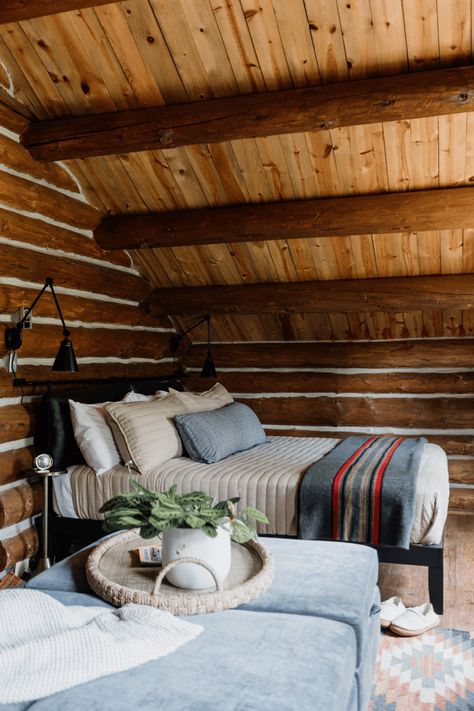 Cabin Remodeling Ideas: Tour Our Family's Updated Log Cabin Painting Log Cabin Walls White, Alaska Log Cabins, Modernize A Log Cabin, Tahoe Cabin Interior, Mid Century Log Cabin, Cabin Wood Floors, Cabin Addition Ideas, Cottage Cabin Interior, Painted Log Cabin Interiors