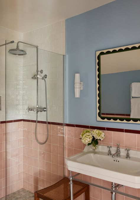 Alder — The Bear Inn Tiled Wall Bathroom Ideas, Blue Pink Bathroom, Cream Bathroom Tile, Pink Blue Bathroom, Danish Bathroom, Pink And Blue Bathroom, Pink Bathroom, Blue Bathroom, Bathroom Renos