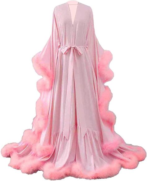 Yinyyinhs Feather Bridal Robe Wedding Scarf Long Lingerie Robe Nightgown Bathrobe Sleepwear Pink Size S/M at Amazon Women’s Clothing store Feather Bridal Robe, Award Show Outfits, Fancy Robes, Robes Silk, Wedding Scarf, Robe Wedding, Pregnant Style, Long Nightgown, Bridal Robe