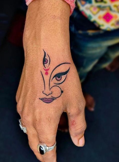 Kali Face Tattoo, Durga Eyes Tattoo, Kali Mata Tattoo Designs, Maa Kali Tattoo Design, Ma Kali Tattoo, Maa Durga Tattoo, Durga Maa Tattoo, Kali Mata Tattoo, Navratri Tattoo