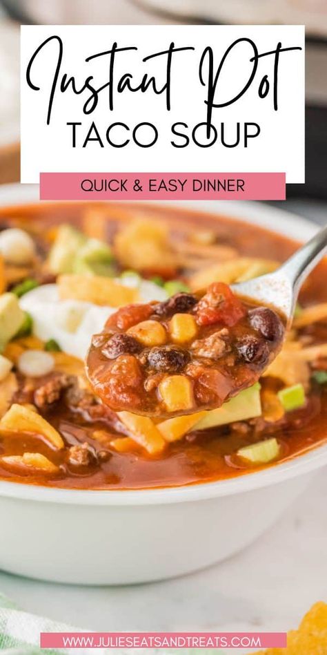 Taco Soup Instant Pot, Beef Taco Soup, Instant Pot Taco Soup, Easy Pressure Cooker Recipes, Easy Taco Soup, Beef Taco, Taco Soup Recipe, Quick And Easy Soup, Instant Pot Soup Recipes