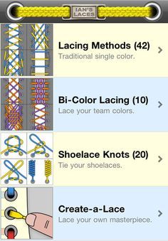 Ian's Shoelace Site:  Learn 37 different ways to lace shoes, 18 different ways to tie shoelace knots & many other tips. iPhone/iPad app as well. Click on picture to go to Ian's site. Different Ways To Lace Shoes, Shoelace Knots, Shoe Lace Hacks, Ways To Tie Shoelaces, Shoe Lacing, Tie Your Shoes, Shoe Lacing Techniques, Ways To Lace Shoes, How To Tie Shoes