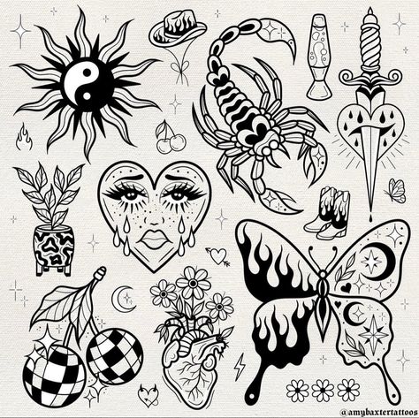 Done by @amybaxtertattoos on insta!! Disco ball cherries tattoo. Crying heart tattoo. Groovy plant. Anatomical heart tattoo. Heart with flowers tattoo. Scorpion tattoo. Cowboy boots flames. Daisies. Butterfly yin yang. Cowboy hat. Lava lamp. Planter. Gothic Designs Pattern, Patchwork Tattoo Sheet, Weird Patchwork Tattoos, Dark Cottagecore Tattoo Ideas, Patchwork Flash Sheet, Small Patch Work Tattoo Ideas, Traditional Blackwork Tattoo Flash, Edgy Patchwork Tattoos, Patchwork Tattoo Flash