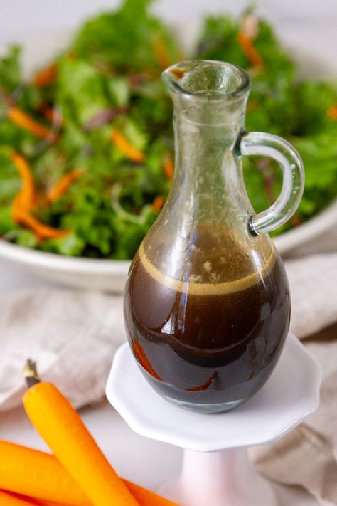 This 4 ingredient Soy Vinaigrette Dressing is simple, well balanced, and so delicious! Made with common pantry items of brown sugar, oil, balsamic vinegar, and soy sauce, it’s great on any salad. Soy Sauce Vinaigrette, Soy Vinaigrette Dressing, Soy Sauce Dressing Salad, Oil And Vinegar Salad Dressing Recipe, Oil And Vinegar Salad Dressing, Vinegrette Dressing, Oil And Vinegar Salad, Homemade Soy Sauce, Soy Sauce Dressing