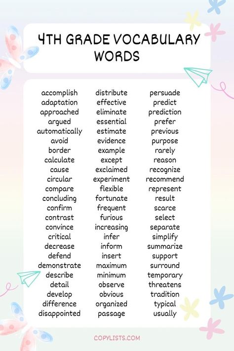 a list of 4th grade vocabulary words with a background of butterflies and paper airplanes. 4th Grade Vocabulary Words, Spelling Bee Word List, 4th Grade Spelling Words, 3rd Grade Spelling Words, 5th Grade Spelling, List Of Vocabulary Words, Spelling Bee Words, 4th Grade Spelling, 4th Grade Homeschool