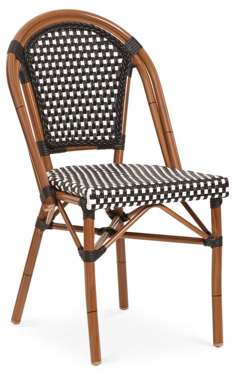 Imbued with Parisian-inspired allure, this weatherproof bistro chair shows off a rattan-style aluminum body with a high-contrast, handwoven seat and braided trim. Reinforced with wrapped joints for... Black And White Dining Room, Mexican Restaurant Decor, Bistro Chairs Outdoor, Cane Dining Chairs, Caned Armchair, Rattan Style, Blue Dining Chair, Bistro Furniture, Fire Pit Furniture