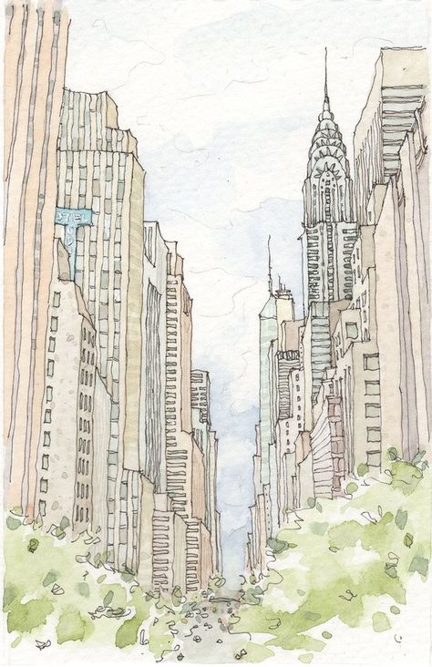 New York City Watercolor, Nyc Drawing, New York Drawing, New York Illustration, City Watercolor, City Sketch, City Drawing, New York Art, Trik Fotografi