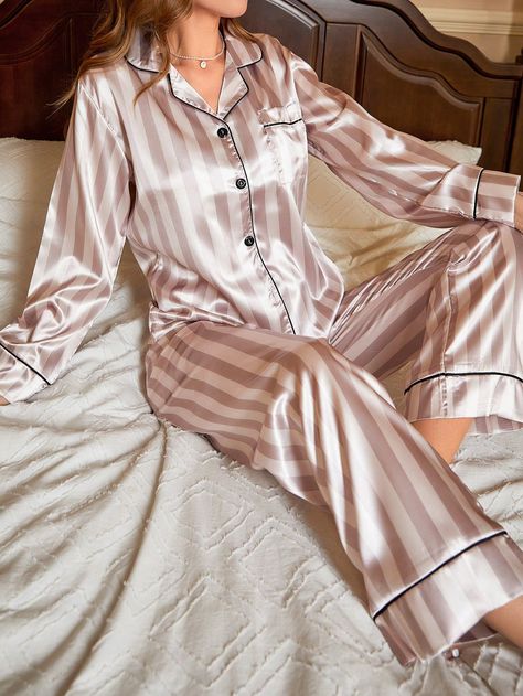 Striped Print Contrast Piping Satin PJ SetI discovered amazing products on SHEIN.com, come check them out! Sleepwear Aesthetic, Pijama Satin, Summer Pregnancy Outfits, Sleepwear Women Pajamas, Satin Pj Set, Pyjama Satin, Striped Pant, Cute Pajama Sets, Floral Pajamas