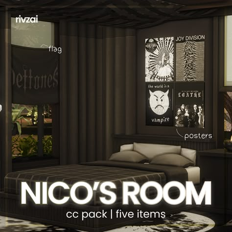 ☆ nico's room, a custom content pack ☆ | Patreon Cc Rooms Sims 4, Sims 4 Cc Men Room, Sims 4 Cc Male Bedroom, Room Sims 4 Cc Patreon, Emo Furniture Sims 4 Cc, Male Room Cc Sims 4, Grunge Sims 4 Cc Furniture, Sims 4 Cc Emo Room Decor, Sims 4 Cc Grunge Furniture