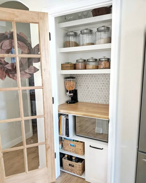 Brooke on Instagram: “Our pantry before and after has to be one of our favorite transformations! It is finally functional AND beautiful! And the French door…” Closet Pantry Conversion, Kitchen Desk Into Pantry, Small Pantry Closet Door, Bookcase Pantry Ideas, Update Pantry Door, Updating Pantry Door, Diy Small Closet Pantry Ideas, Small Pantry Upgrade, Pantry Before And After