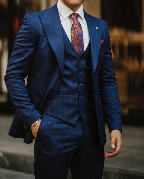 Navy Blue Suit Men, Groom Suit Navy, Blue Striped Suit, Blazer Waistcoat, Blue Three Piece Suit, Vest Outfits Men, Navy Suit Wedding, Blue Suit Men, Formal Men Outfit