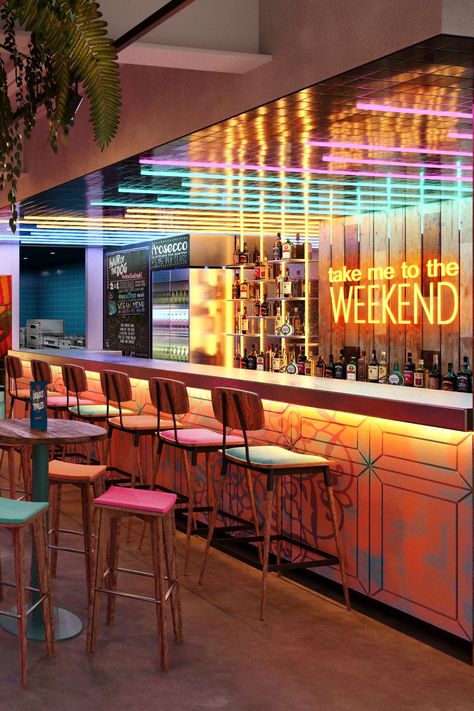 Beautiful, bold, bright bar restaurant design. Colourful neon lighting and neon tubes. Neon sign Take me to the weekend. Rustic timber back bar design with bottle display. Funky bar interior design. Neon Bar Design, Cocktail Bar Interior, Back Bar Design, Funky Bar, Bar Lounge Design, Bar Restaurant Design, Bar Restaurant Interior, Casual Restaurant, Modern Restaurant Design