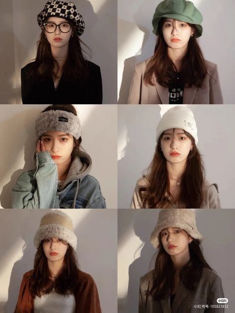 Beanie Outfit Korean, Bonette Hat Outfit, Beret Hairstyles, Hat Outfit Winter, Fedora Hat Outfits, Beanie Outfit, Korean Winter, Outfit Korean, Stylish Winter Outfits