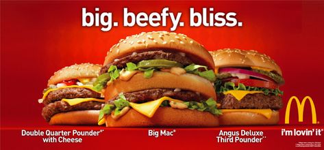 This commercial advertisement for McDonald's is a great example of the design principle of repetition of form. Not only does it display three delicious burgers, but it also makes a great use of alliteration and is an overall appealing ad to the consumer due to it's color scheme and nature of subject. Giant Hamburger, Fast Food Advertising, Food Fails, Food Advertising, Food Ads, Big Mac, Fast Food Restaurant, Fake Food, Vintage Recipes