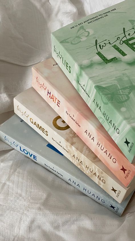 four books on a white cloth, twisted series by ana huang, aesthetic Twisted Hate, Twisted Lies, Twisted Games, Twisted Love, Twisted Series, Fantasy Books To Read, Unread Books, Book Annotation, Recommended Books To Read