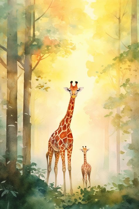 Forest With Animals Painting, Acrylic Giraffe Painting, Safari Painting Canvases, Girrafe Painting Easy, Forest Drawing With Animals, Colorful Giraffe Painting, Fauna Painting, Giraffe Aesthetic, Giraffe Paintings