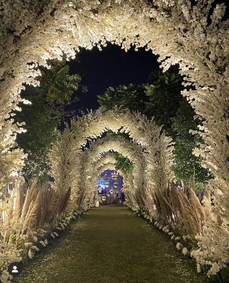 Passage Flower Decoration, Wedding Decorations Indian Stage Mandap, Reception Passage Decor, Wedding Entry Passage Decor, Sangeet Passage Decor, Outdoor Night Wedding Decorations, Wedding Passage Decoration, Wedding Stage Design Backdrop Ideas, Light Wedding Decorations