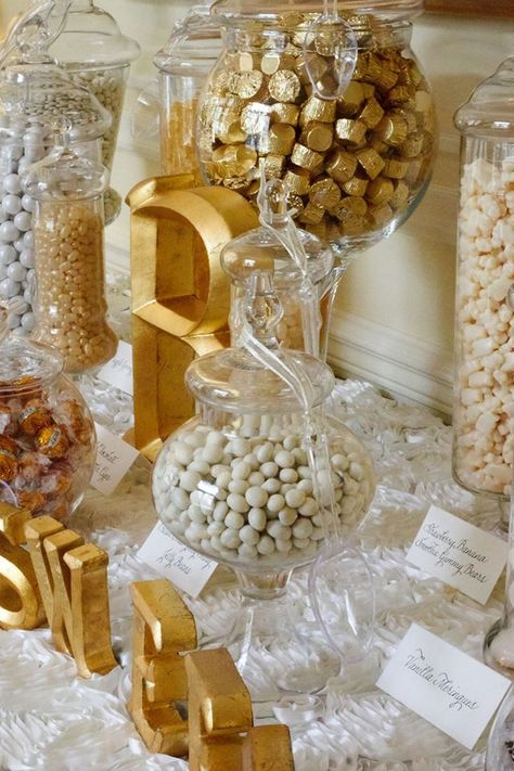 Sweets Table Wedding, 50th Wedding Anniversary Decorations, Gatsby Party Decorations, Golden Birthday Parties, 50th Wedding Anniversary Party, Wedding Anniversary Decorations, Gold Candy, Sweets Table, 50th Anniversary Party