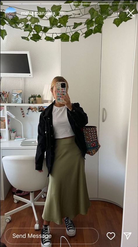 Midi Skirt Modest Outfit, Silk Long Skirts Outfit, Green Midi Skirt Outfit Fall, Silky Green Skirt Outfit, Sage Green Silk Skirt Outfit, Outfit Ideas With Green Skirt, Work Outfit Midi Skirt, Satin Skirts Midi, Green Knit Skirt Outfit