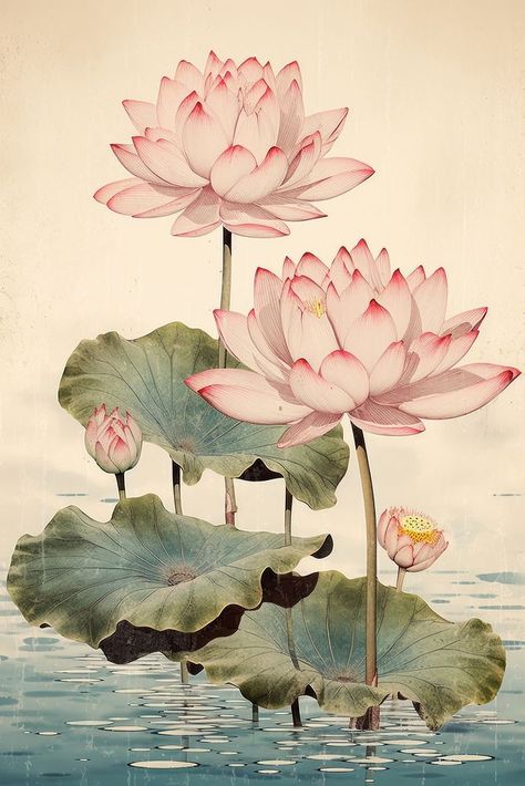 Japanese Floral Painting, Japanese Plant Art, Japanese Flowers Art, Lotus Flower Botanical Illustration, Japanese Flower Illustration, Lotus Chinese Painting, Lotus Drawing Art, Chinese Art Flower, Japanese Art Flowers