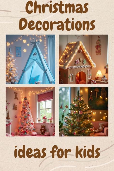 An image showcasing a variety of creative Christmas decoration ideas for kids, featuring cozy and playful setups with colorful trees, gingerbread houses, and whimsical elements that light up the holiday season. Kids Room Christmas Decor Ideas, Kids Room Christmas Decorations, How To Make Christmas Magical For Kids, Christmas Decor Ideas For Kids Room, Kid Friendly Christmas Decor, Toddler Friendly Christmas Tree, Playroom Christmas Decor, Kids Room Christmas Decor, Kids Room Christmas