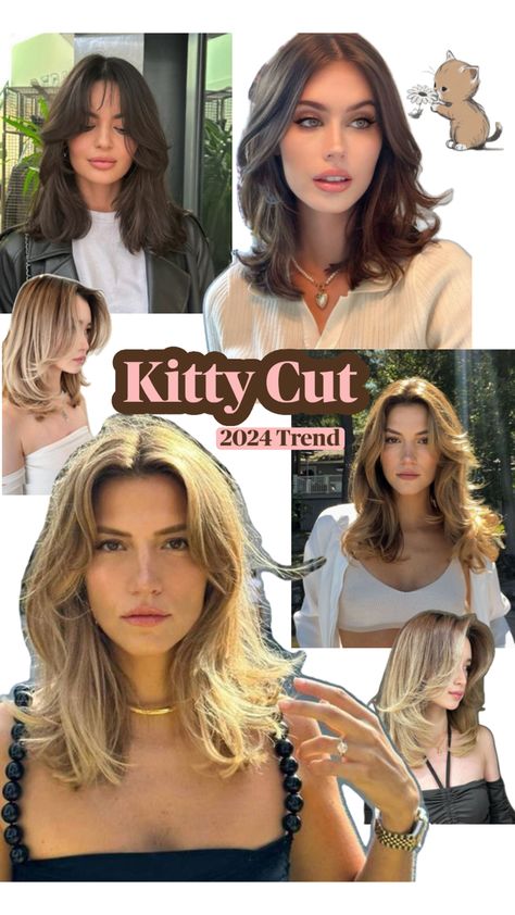 Hair cut haircut cute hair 2024 hair trends Hair Cuts Ideas For Summer, Hair Cuts Trends 2024, Collarbone Layered Hair, The Kitty Cut Hairstyle, Kitty Cut Haircut, Kitty Cut Hair Trend 2024, Long Face Haircuts Medium, Long Layered Haircut With Curtain Bangs, The Kitty Cut