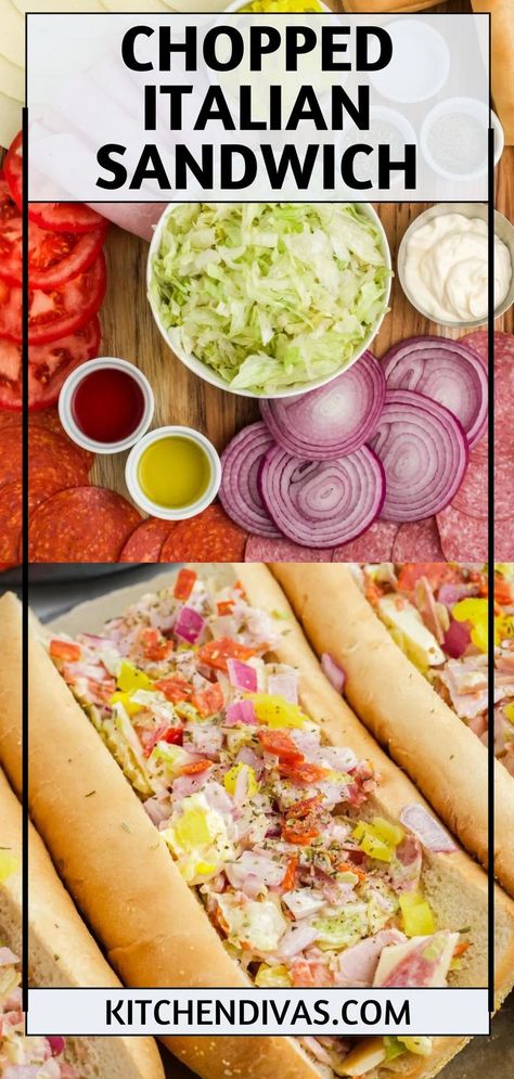 Collage of overhead shot of chopped Italian sandwich ingredients at top and overhead shot of chopped Italian sandwich at bottom. Margherita Pizza Recipe Easy, Chopped Salad Sandwich, Pepperoni Sandwich, Chopped Italian Sandwich, Chopped Sandwich, Deli Style Sandwiches, Salami Recipes, Salami Sandwich, Pepper Sandwich