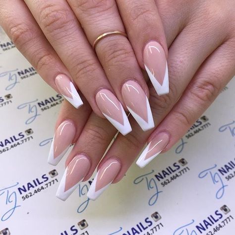 Slide 101 of 106 White French Nail Designs Coffin, Nail Designs Triangle French Tip, Nails With White Tips Coffin, French Tips Pointy, White Tip Coffin Acrylic Nails, Coffin White French Tip Nails, Medium Coffin French Tip Nails, Long Coffin French Tip Nails, White French Tip Nails Coffin