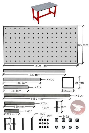 DIY welding table parts and dimensions. You can see more by clicking on the link #tools #ironworks #Blacksmith #DIY #AGmetalart Weld Table Ideas, Welding Shop Layout, Diy Welding Table, Weld Idea, Welding Bench, Welding Workshop, Metalworking Tools, Metal Gates Design, Welding Table Diy