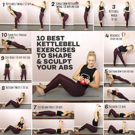 Kettlebells are compact, easy to use, and versatile. They allow you to build strength and get a blast of fat-burning cardio at the same time. Exercises With A Kettle Bell, Kettbell Ab Workout, Squat With Kettle Bell, Kettlebell Oblique Exercises, Work Out With Kettle Bell, Sitting Kettle Bell Exercises, Kettle Abs Workout, Kettlebell Mom Pooch, Cowbell Exercises