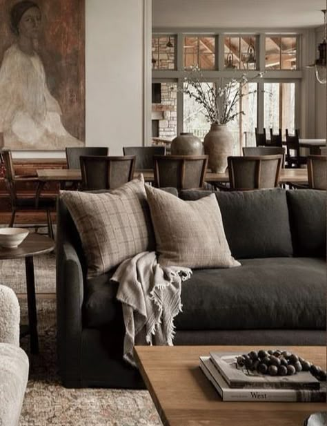 Dark Grey Couch Living Room, Earth Tone Living Room, Moody Living Room, Earthy Living Room, Neutral Living Room, Neutral Decor, Living Room Style, Living Room Inspo, New Living Room