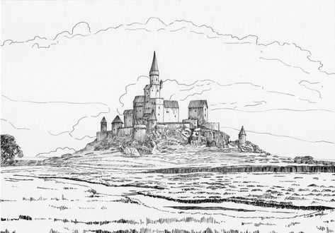 A castle in the distance. #castledrawing #castleart #pendrawing #fantasycastle #landscapeart Easy Castle Sketch, Distance Drawing, Inside A Castle Drawing, Castle On A Hill Drawing, Castle Line Drawing, Castle In The Distance, Castle Pen Drawing, Ash Pink, Castle Drawing