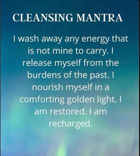 "Embrace the power of cleansing! I wash away any energy that is not mine to carry, releasing the burdens of the past. Nourished in a comforting golden light, I am restored and recharged. ✨✨ #CleansingMantra #EnergyHealing #ReleaseAndRestore #SelfCare #Mindfulness #InnerPeace" Cleansing Mantra, Evil Eye Quotes, Negative Energy Cleanse, Spiritual Awakening Signs, Releasing Negative Energy, Healing Mantras, Healing Affirmations, Energy Healing Spirituality, Awakening Quotes