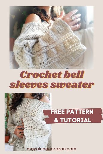 Crochet Cozy Sweater Pattern Free, Bell Sleeve Sweater Knitting Pattern, Bell Sleeve Crochet Pattern Free, Bubble Sleeve Crochet Sweater Pattern, Over Sized Crochet Sweater, Off Shoulder Sweater Crochet Pattern, Bell Sleeve Crochet Sweater, Crochet Sweater Bell Sleeves, How To Crochet Bell Sleeves