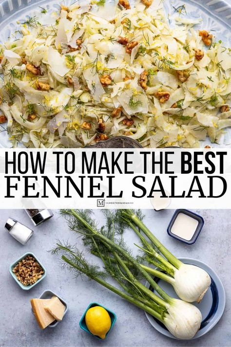 Fennel salad recipe with thinly sliced raw fennel, salty parmesan, and crunchy toasted walnuts. An elegant and delicious dinner party salad recipe! Raw Fennel Recipes, Dinner Party Salad Recipes, Roasted Fennel Salad, Dinner Party Salad, Mediterranean Salads, Fennel Pasta, Party Salad, Kale Salads, Fennel And Orange Salad