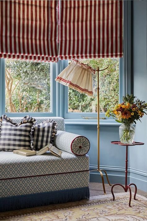 Red Interior Design, Sitting Room Decor, Instagram Pattern, English Interior, Cosy Cottage, Striped Curtains, Pierre Jeanneret, Residential Interior Design, Red Interior