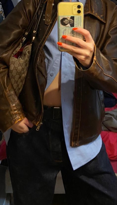 Leather Jacket Button Up Shirt Outfit, Shirt With Leather Jacket, Shirt Winter Outfit, Brown Button Up Shirt, Button Up Shirt Outfit, Buttoned Shirt, Autumn Fits, Aesthetic Fits, Fall Winter Wardrobe