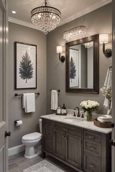 Guest Bathroom Color Ideas Paint, Color Scheme Bathroom Ideas, Gray Bathroom Remodel Ideas, Black And Gold Farmhouse Bathroom, Small Master Bath Paint Colors, Master Bath Painted Vanity, Gray And Tan Bathroom Ideas, Bathroom With Tan Walls, Neutral Guest Bathroom Ideas