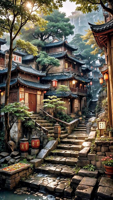 Japan Architecture Drawing, Japanese Village Aesthetic, Japanese Village Art, Ancient Japanese Architecture, Chinese Village, Japanese Temples, Japanese Buildings, Digital Portrait Illustration, Japanese Village