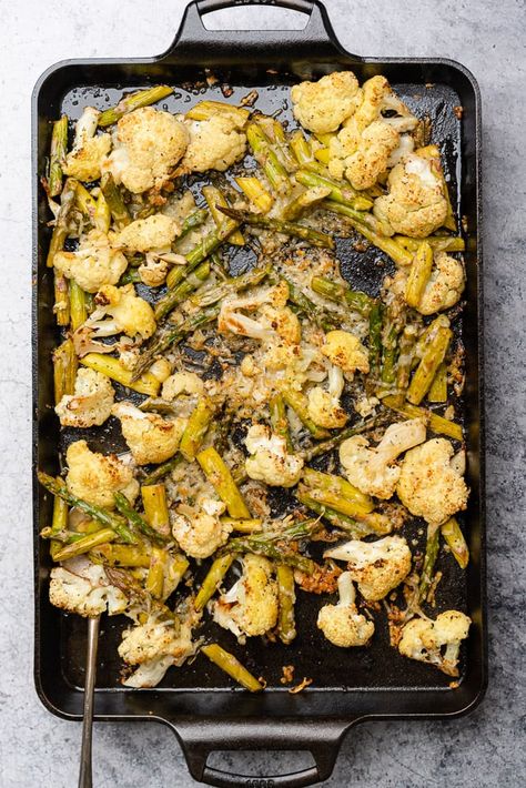 Cauliflower Asparagus Recipes, Asparagus And Cauliflower Recipes, Roasted Broccoli And Asparagus Recipes, Cauliflower In Oven, Oven Roasted Asparagus Parmesan, Asparagus With Parmesan Cheese, Crispy Parmasean Asparagus, Baked Salmon And Asparagus, Asparagus Side Dish