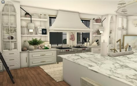 Bloxburg Suburban Kitchen Ideas, Block Burg Kitchen Ideas, Bloxburg Kitchen Farmhouse, Bloxburg Mansion Kitchen Ideas, Bloxburg White Kitchen, Blockburg Kitchen Idea, Kitchen Interior Bloxburg, Cozy Kitchen Bloxburg, Bloxburg Kitchen Decor