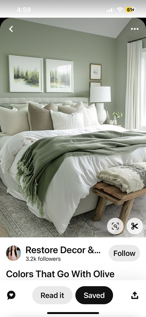 White And Sage Green Bedding, White Comforter With Green Accents, Light Green Guest Bedroom, Light Green And Beige Bedroom, White Bedding Green Accents, White Grey And Green Bedroom, Olive And Grey Bedroom, Sage Green And Red Bedroom, Bedroom Inspirations Master Sage Green Colour