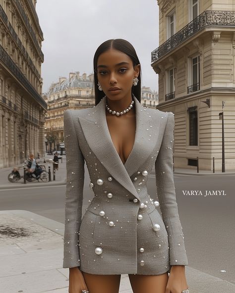 Elegant Bold Outfit, Unique Style Inspiration, Resort 2025 Fashion Trends, One Piece With Jacket, Pearl Dress Outfit, Spring Fashion Outfits 2025, Cool Chic Outfits, Pearl Suit, Pearl Blazer