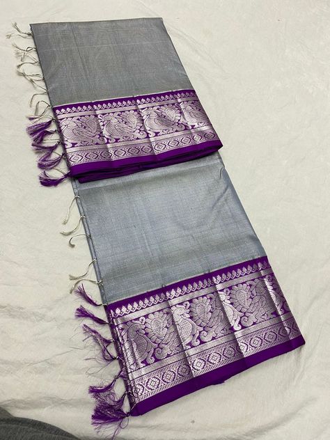 Ash Colour Saree Combination, Violet Saree Blouse Combination, Pattu Saree Colour Combinations, Violet Colour Combination, Traditional Saree Blouse Designs, Saree Colours, Saree Color Combinations, Latest Silk Sarees, Blue Silk Saree