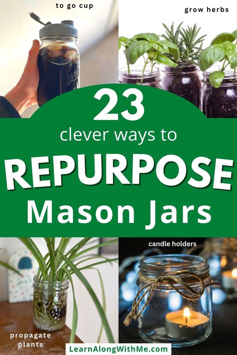 Wondering what to do with your old mason jars? You could take up canning...or you could use one of these 23 clever ways to repurpose mason jars. 
Want a cool candle holder? Grab a mason jar.
Want a stylish cup?  Grab a mason jar.

Do you want some conversation starting planters? Yes, once again you can use mason jars for this too.

There are lots of ways to repurpose mason jars...they are so versatile.

Click to check out the list and see what'll work for you.

#repurposemasonjars #masonjars Mason Jars Crafts, Mason Jar Plants, Old Mason Jars, Jars Crafts, Mason Jar Planter, Old Jars, Large Mason Jars, Pashmina Saree, Blouse Design Ideas