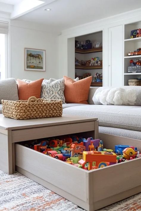 Explore these 17 engaging kid-friendly living room decor ideas. Perfect for creating stylish and practical spaces for the whole family, this pin features a colorful and inviting living area that blends comfort and fun. Play Area In Open Living Room, Playroom Ideas With Sofa, Media Playroom Combo, Play Room With Sofa, Kids Living Room Furniture, Tiny Play Corner In Living Room, Combined Living Room And Playroom, Play Area In Family Room, Play Couch Living Room