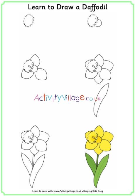 Learn to draw a daffodil Flower Tutorial Drawing, Easter Drawings Ideas, Welsh Crafts, Simple Step By Step Drawing, Field Of Daffodils, Drawing Art Projects, Daffodil Craft, Bullet Journal Drawings, Daffodil Art